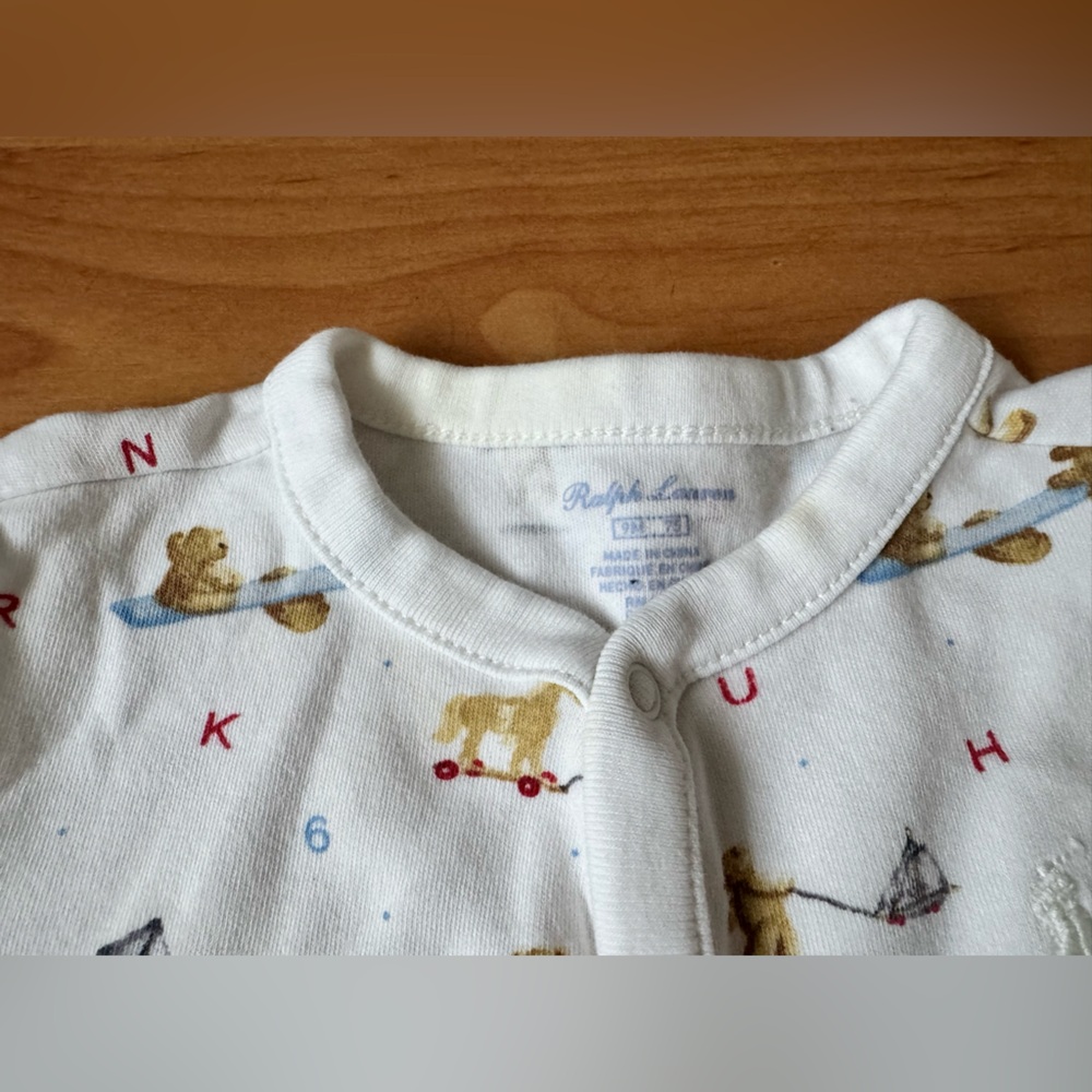 Ralph Lauren Baby Boy All Cotton Shorttall Romper w Polo Bear Alphabet Print 9 M - Picture 7 of 11